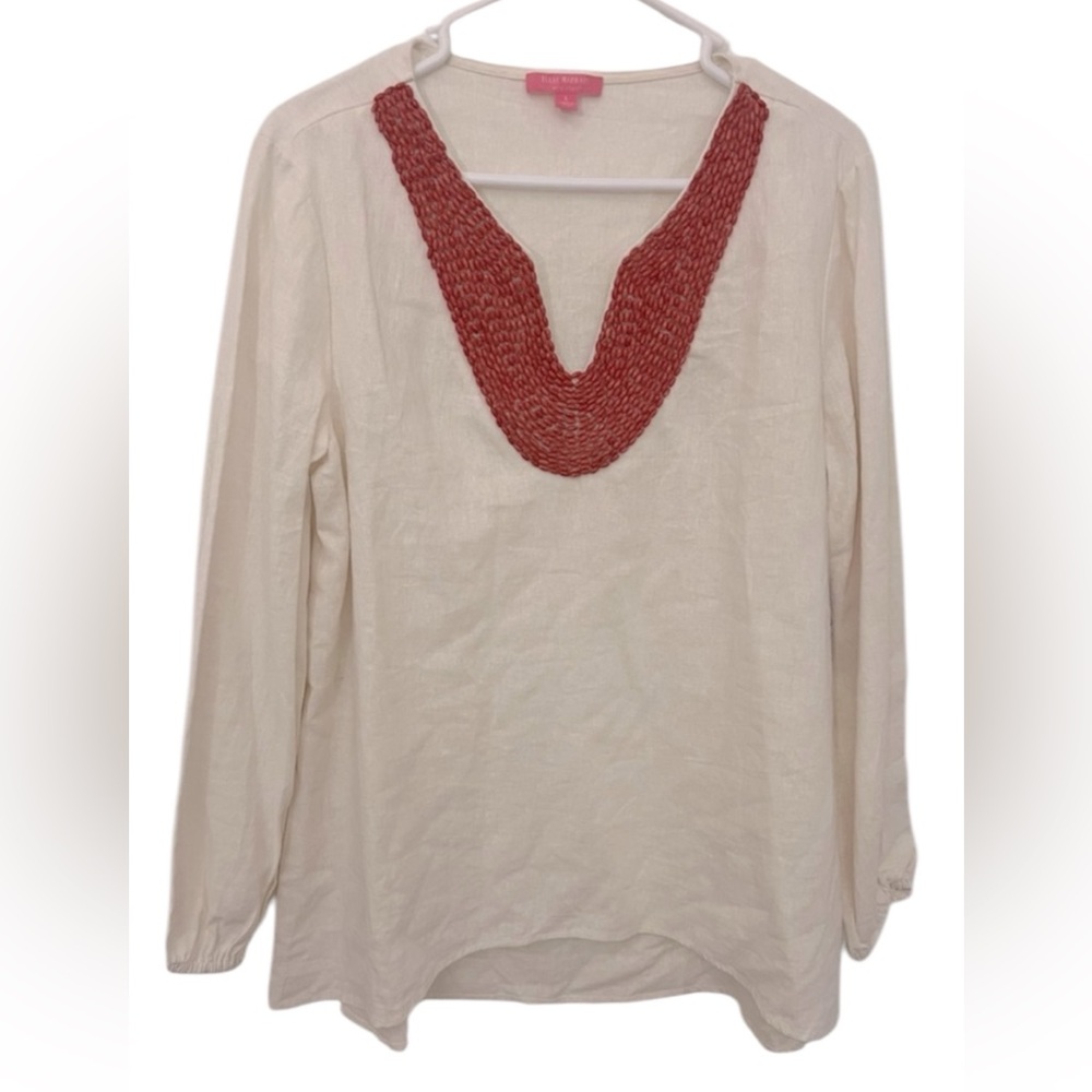ISAAC MIZRAHI Beaded Linen Viscose blend Beige Long Sleeve Tunic Blouse Boho L